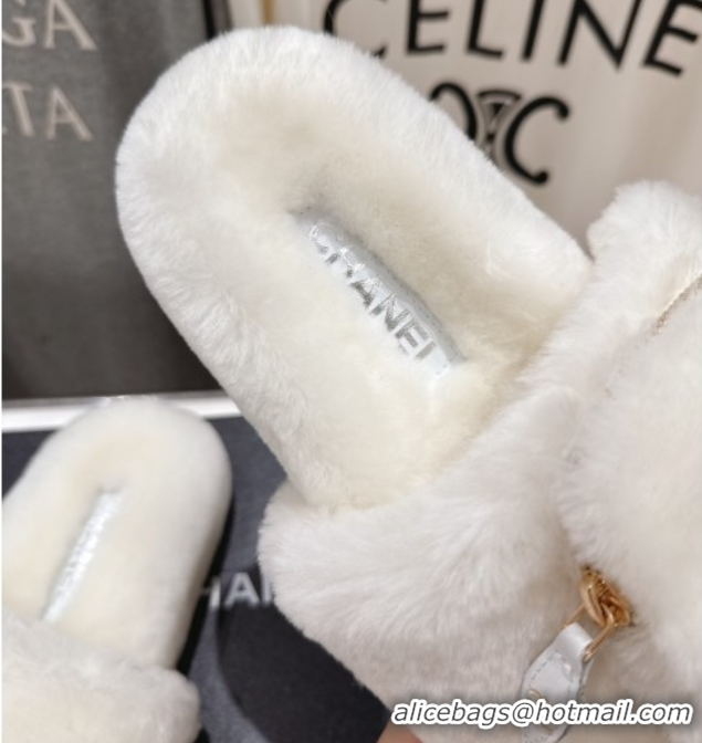 Famous Chanel Wool Flat Slides Sandal with Zip Pouch White 2025 CH090112