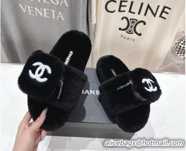 Pretty Style Chanel Wool Flat Slides Sandal with Zip Pouch Black 2025 CH090112