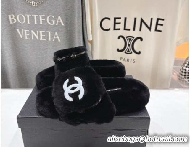 Pretty Style Chanel Wool Flat Slides Sandal with Zip Pouch Black 2025 CH090112