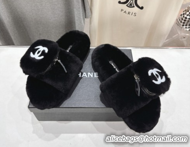 Pretty Style Chanel Wool Flat Slides Sandal with Zip Pouch Black 2025 CH090112