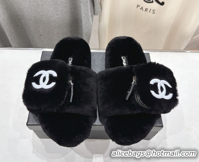Pretty Style Chanel Wool Flat Slides Sandal with Zip Pouch Black 2025 CH090112