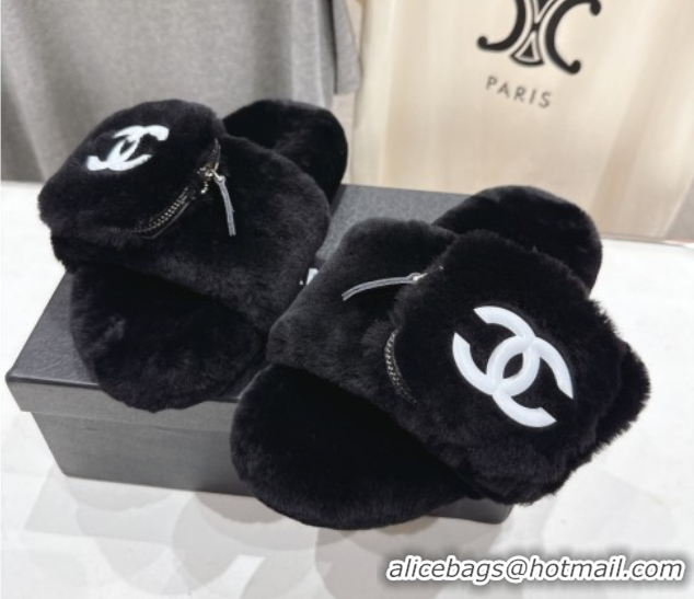 Pretty Style Chanel Wool Flat Slides Sandal with Zip Pouch Black 2025 CH090112