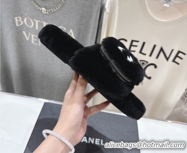 Pretty Style Chanel Wool Flat Slides Sandal with Zip Pouch Black 2025 CH090112
