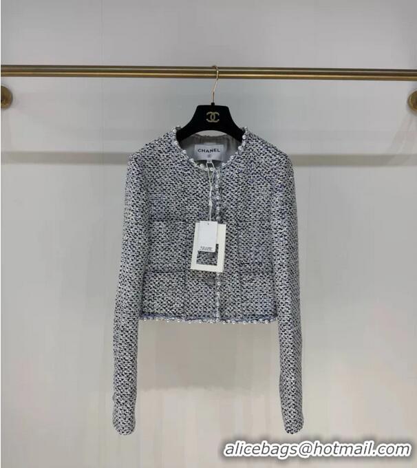 Big Discount Chanel 25P Pearl Sequinned Tweed Jacket CH12578 White/Blue 2025