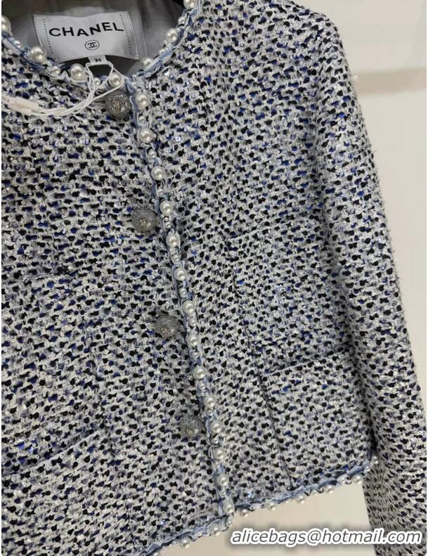 Big Discount Chanel 25P Pearl Sequinned Tweed Jacket CH12578 White/Blue 2025