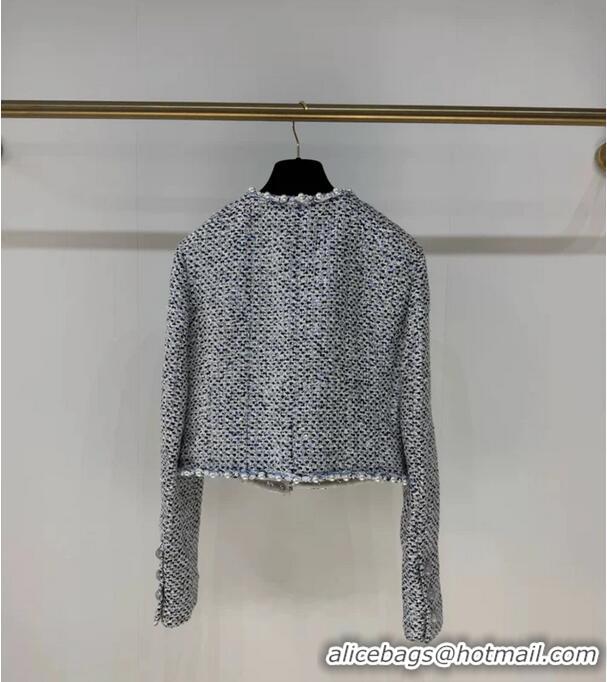 Big Discount Chanel 25P Pearl Sequinned Tweed Jacket CH12578 White/Blue 2025