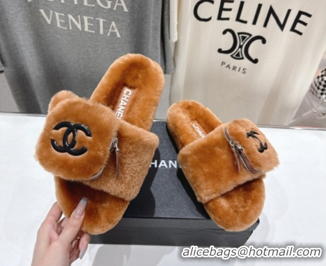 Charming Chanel Wool Flat Slides Sandal with Zip Pouch Brown 2025 CH090112