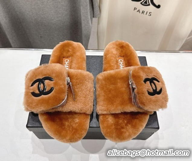 Charming Chanel Wool Flat Slides Sandal with Zip Pouch Brown 2025 CH090112