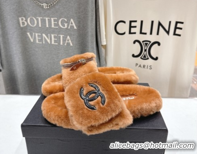 Charming Chanel Wool Flat Slides Sandal with Zip Pouch Brown 2025 CH090112