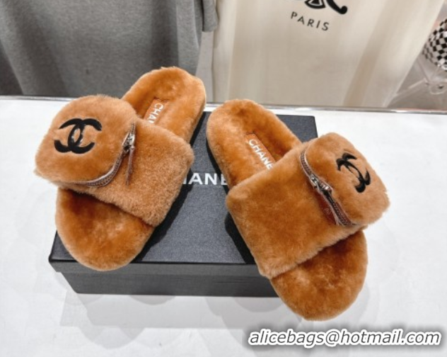 Charming Chanel Wool Flat Slides Sandal with Zip Pouch Brown 2025 CH090112