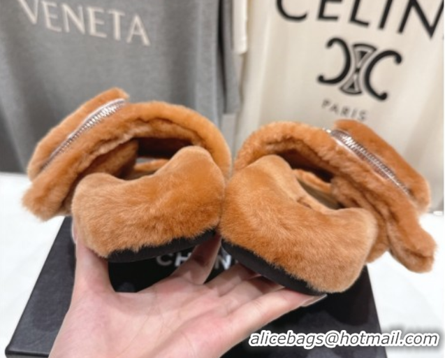 Charming Chanel Wool Flat Slides Sandal with Zip Pouch Brown 2025 CH090112