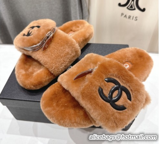 Charming Chanel Wool Flat Slides Sandal with Zip Pouch Brown 2025 CH090112
