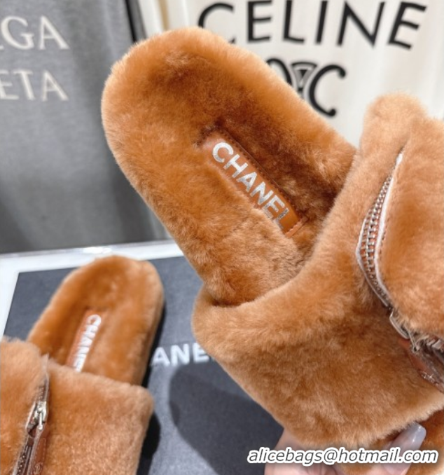 Charming Chanel Wool Flat Slides Sandal with Zip Pouch Brown 2025 CH090112