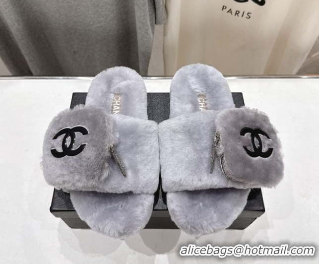 Grade Quality Chanel Wool Flat Slides Sandal with Zip Pouch Grey2 2025 CH090112