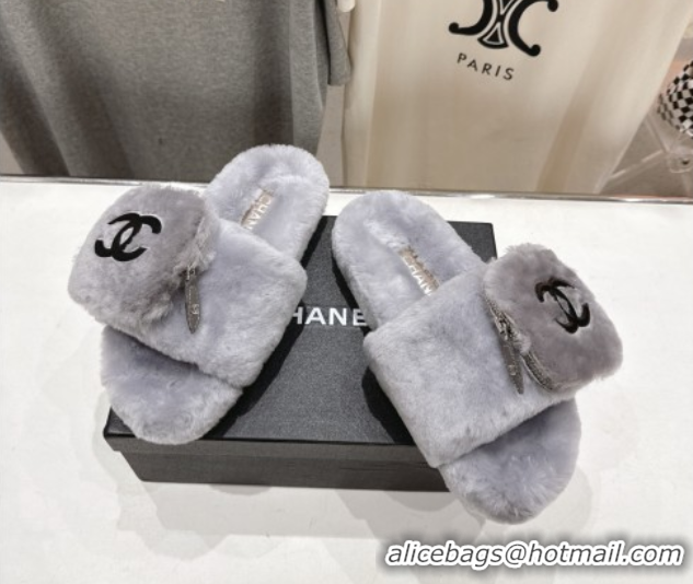 Grade Quality Chanel Wool Flat Slides Sandal with Zip Pouch Grey2 2025 CH090112