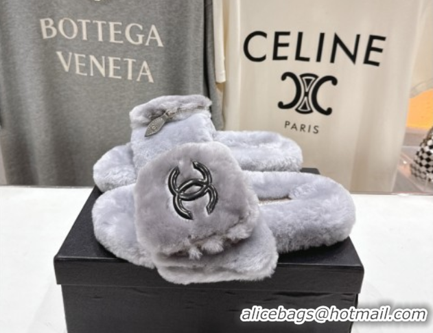 Grade Quality Chanel Wool Flat Slides Sandal with Zip Pouch Grey2 2025 CH090112