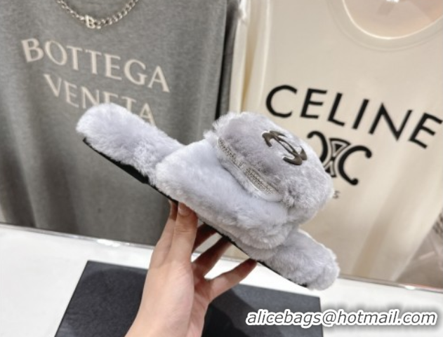 Grade Quality Chanel Wool Flat Slides Sandal with Zip Pouch Grey2 2025 CH090112