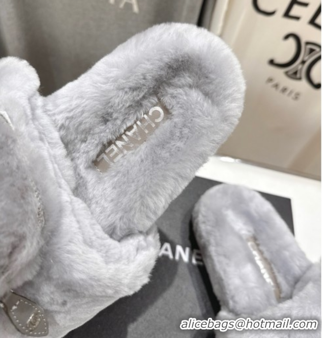 Grade Quality Chanel Wool Flat Slides Sandal with Zip Pouch Grey2 2025 CH090112