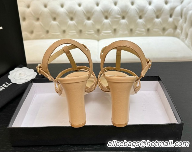 Best Grade Chanel Lambskin Heel Sandals Beige 2025 CH090113