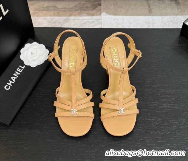 Best Grade Chanel Lambskin Heel Sandals Beige 2025 CH090113