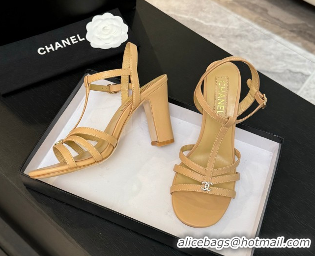 Best Grade Chanel Lambskin Heel Sandals Beige 2025 CH090113