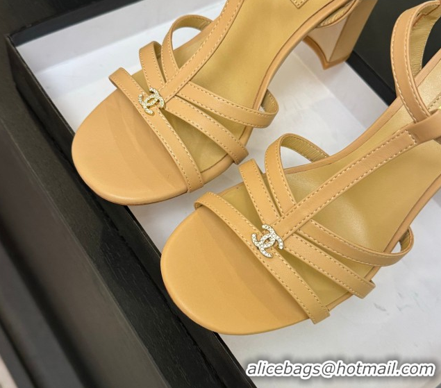 Best Grade Chanel Lambskin Heel Sandals Beige 2025 CH090113