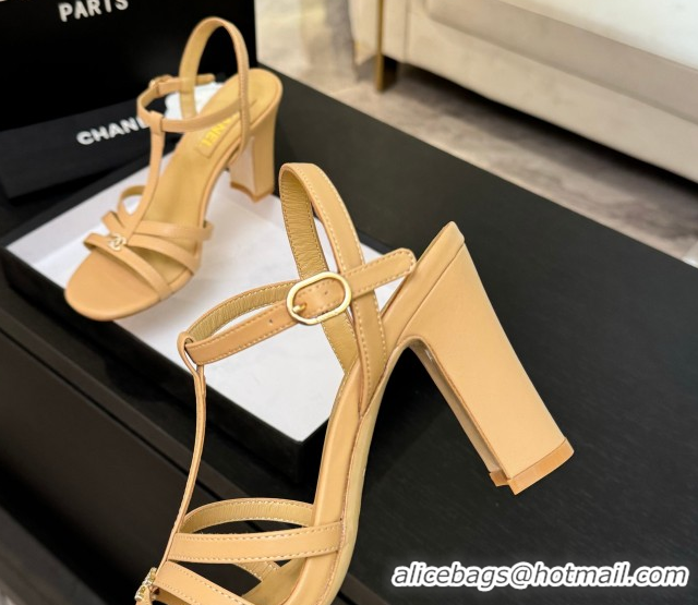 Best Grade Chanel Lambskin Heel Sandals Beige 2025 CH090113