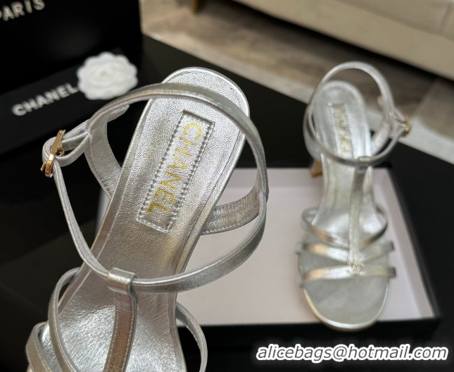 Most Popular Chanel Lambskin Heel Sandals Silver 2025 CH090113