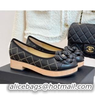 Pretty Style Chanel Quilted Calfskin & Wood-Like Loafers with Studs and Camellia Bloom Black 50901128