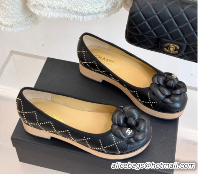 Pretty Style Chanel Quilted Calfskin & Wood-Like Loafers with Studs and Camellia Bloom Black 50901128