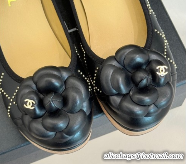 Pretty Style Chanel Quilted Calfskin & Wood-Like Loafers with Studs and Camellia Bloom Black 50901128