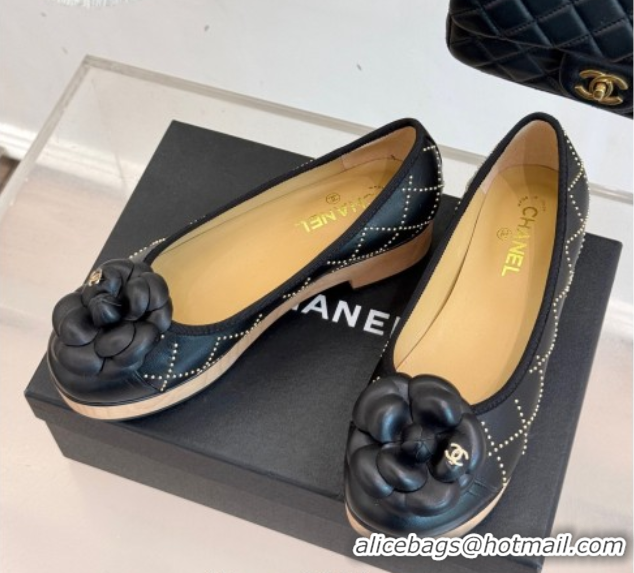 Pretty Style Chanel Quilted Calfskin & Wood-Like Loafers with Studs and Camellia Bloom Black 50901128