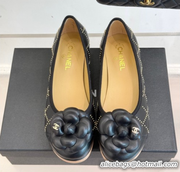 Pretty Style Chanel Quilted Calfskin & Wood-Like Loafers with Studs and Camellia Bloom Black 50901128