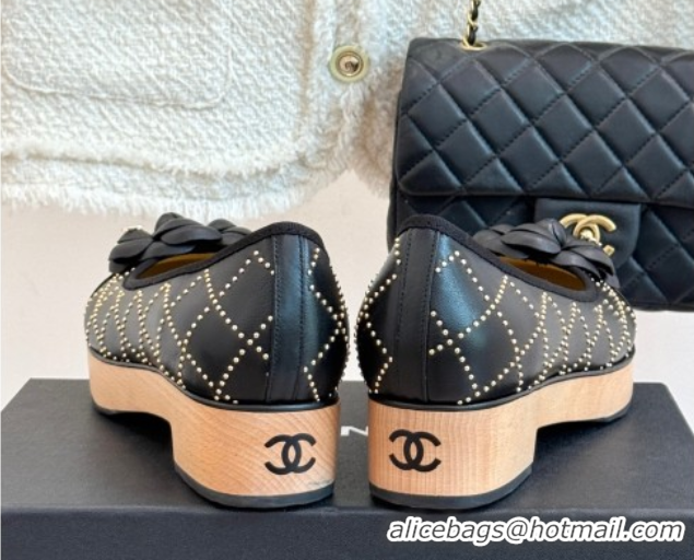 Pretty Style Chanel Quilted Calfskin & Wood-Like Loafers with Studs and Camellia Bloom Black 50901128