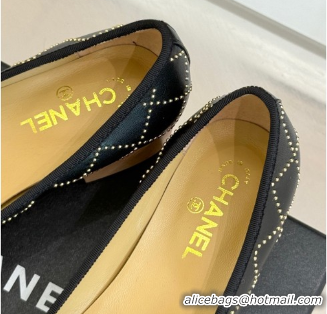 Pretty Style Chanel Quilted Calfskin & Wood-Like Loafers with Studs and Camellia Bloom Black 50901128