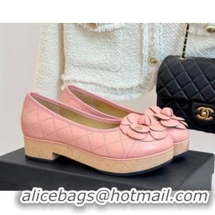 Top Design Chanel Quilted Calfskin & Wood-Like Loafers with Studs and Camellia Bloom Light Pink 50901129