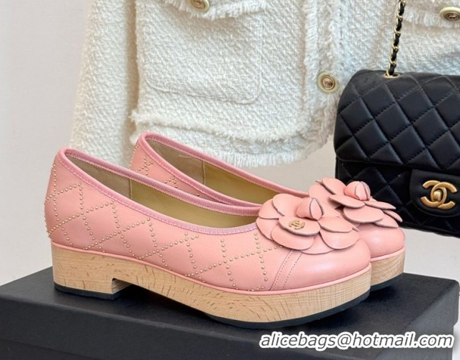 Top Design Chanel Quilted Calfskin & Wood-Like Loafers with Studs and Camellia Bloom Light Pink 50901129