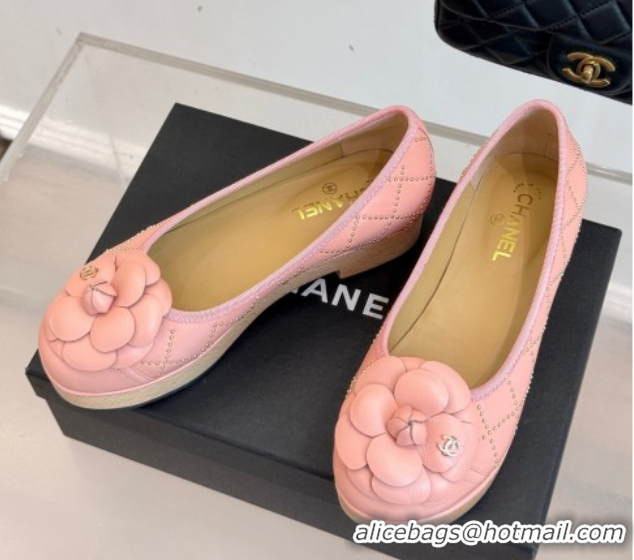 Top Design Chanel Quilted Calfskin & Wood-Like Loafers with Studs and Camellia Bloom Light Pink 50901129