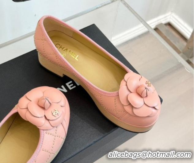 Top Design Chanel Quilted Calfskin & Wood-Like Loafers with Studs and Camellia Bloom Light Pink 50901129