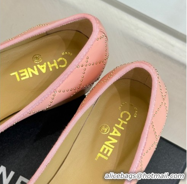 Top Design Chanel Quilted Calfskin & Wood-Like Loafers with Studs and Camellia Bloom Light Pink 50901129