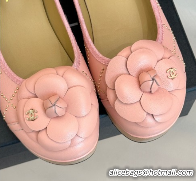 Top Design Chanel Quilted Calfskin & Wood-Like Loafers with Studs and Camellia Bloom Light Pink 50901129