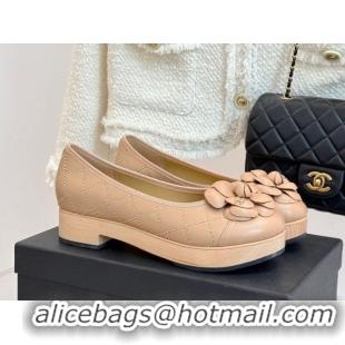 Top Grade Chanel Quilted Calfskin & Wood-Like Loafers with Studs and Camellia Bloom Beige 0901130