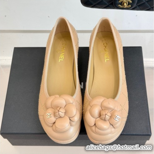 Top Grade Chanel Quilted Calfskin & Wood-Like Loafers with Studs and Camellia Bloom Beige 0901130
