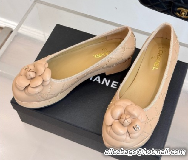 Top Grade Chanel Quilted Calfskin & Wood-Like Loafers with Studs and Camellia Bloom Beige 0901130