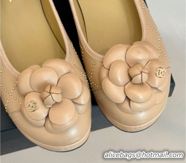 Top Grade Chanel Quilted Calfskin & Wood-Like Loafers with Studs and Camellia Bloom Beige 0901130