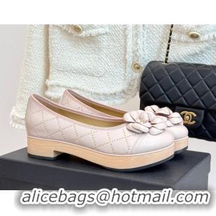 Durable Chanel Quilted Calfskin & Wood-Like Loafers with Studs and Camellia Bloom Pale Pink 50901131
