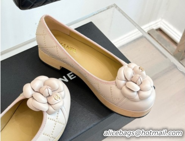 Durable Chanel Quilted Calfskin & Wood-Like Loafers with Studs and Camellia Bloom Pale Pink 50901131