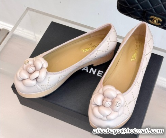 Durable Chanel Quilted Calfskin & Wood-Like Loafers with Studs and Camellia Bloom Pale Pink 50901131