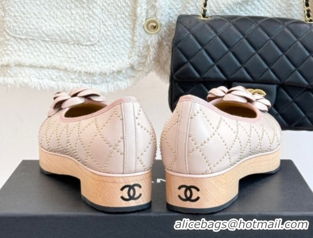 Durable Chanel Quilted Calfskin & Wood-Like Loafers with Studs and Camellia Bloom Pale Pink 50901131