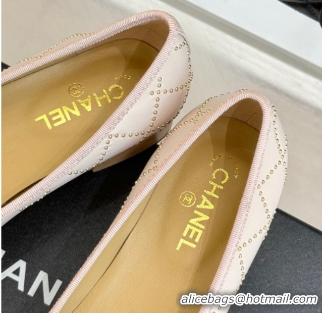 Durable Chanel Quilted Calfskin & Wood-Like Loafers with Studs and Camellia Bloom Pale Pink 50901131